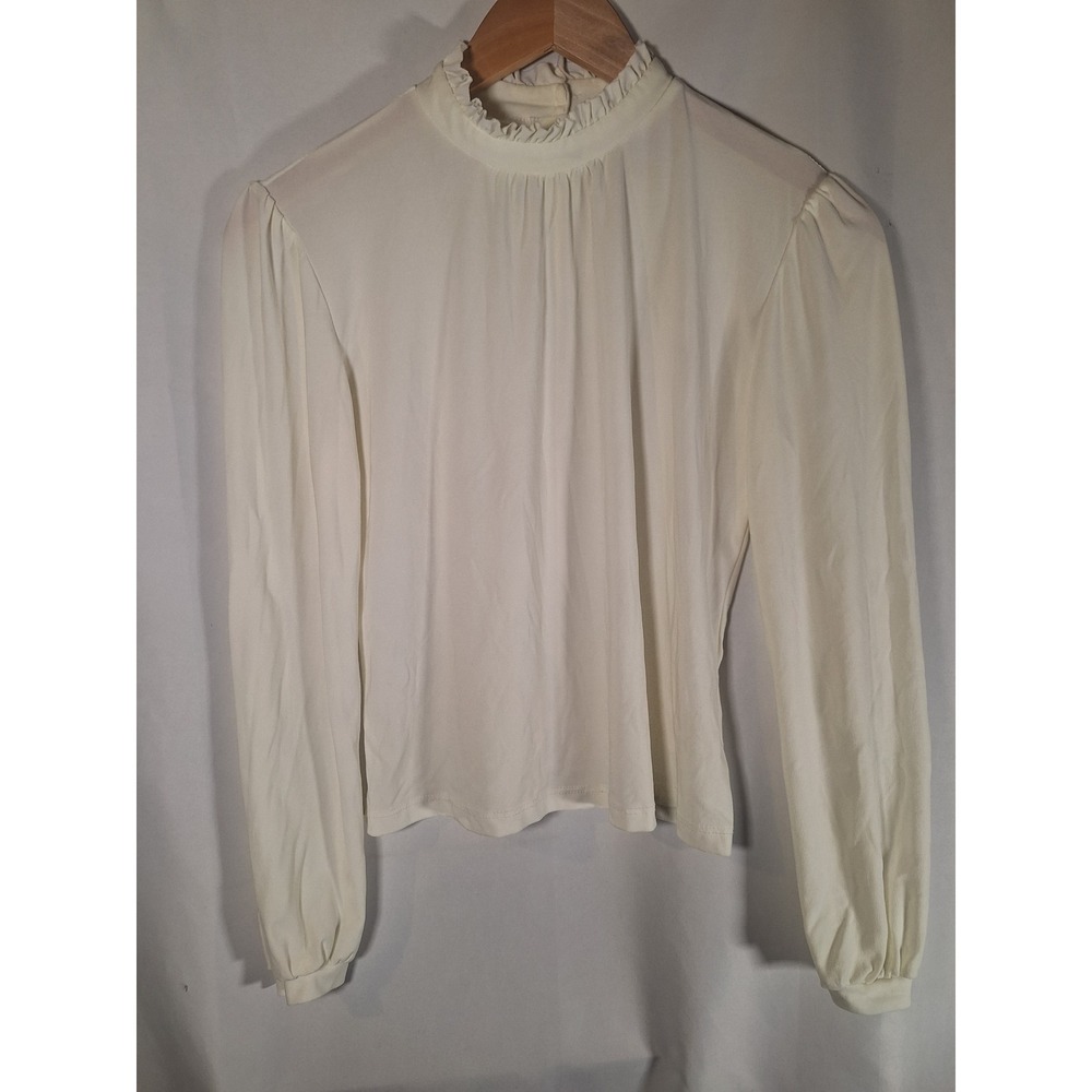 Paniz Womens Ruffle Mock Neck Blouse Off White Long Sleeve Puff Shoulder Top S